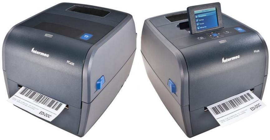 Intermec. Desktop (medium duty) thermal label printers. Intermec PC43t thermal transfer / direct thermal barcode label printer. Up to 4" wide labels / tickets / tags. Options: Ethernet, WiFi, Bluetooth, cutter, peel, LCD display, USB host input (e.g. keyboard, scales, thumb drive files, etc.). Lowest price at barcode.co.uk