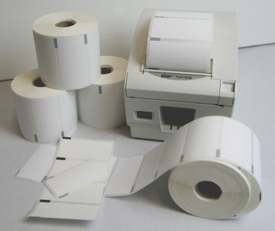 Star Micronics. Labels / blank pre-cut rolls with gaps (for thermal label printers). Star Micronics TSP700 Direct Thermal (DT) self-adhesive sticky printer labels - PEELABLE / REMOVABLE adhesive with Black Mark. Lowest price at barcode.co.uk
