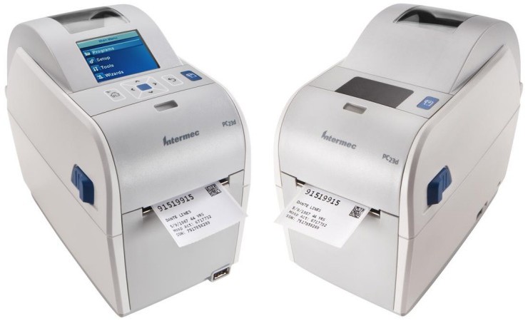 Intermec. Desktop (medium duty) thermal label printers. Intermec PC23d narrow direct thermal barcode label printer. Print 2" wide labels / tickets / tags. Options: Ethernet LAN, USB keyboard, LCD display, USB host for scales input, etc.. Lowest price at barcode.co.uk